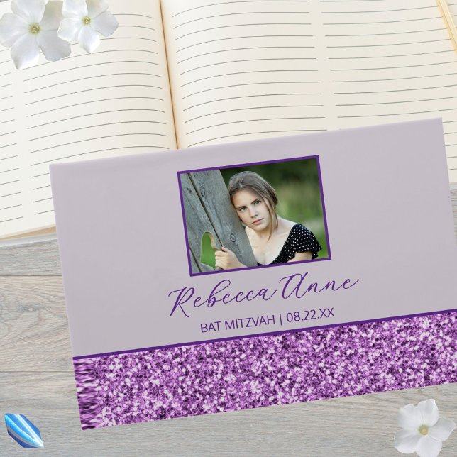 Libro De Visitas Glam Purple Simple Elegante Foto Bat Mitzvah (Collect memories in this personalized Bat Mitzvah guest book)