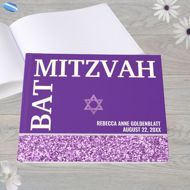 Libro De Visitas Glam Purple Star De David Bat Mitzvah Gold (This faux purple glitter Bat Mitzvah guest book with real gold foil is easy to personalize)