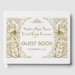 Libro De Visitas Glam White Gold Art Deco Peacocks Boda