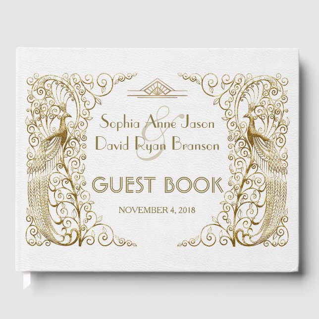 Libro De Visitas Glam White Gold Art Deco Peacocks Boda (Anverso)