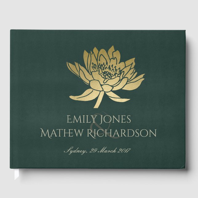 LIBRO DE VISITAS GLAMOROSO ORO OSCURO VERDE LOTUS FLORAL MONOGRAM (Anverso)
