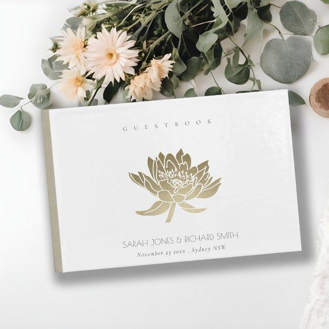 LIBRO DE VISITAS GLAMOROSO ORO PÁLIDO BLANCO LOTUS FLORAL MONOGRAMA (Subido por el creador)