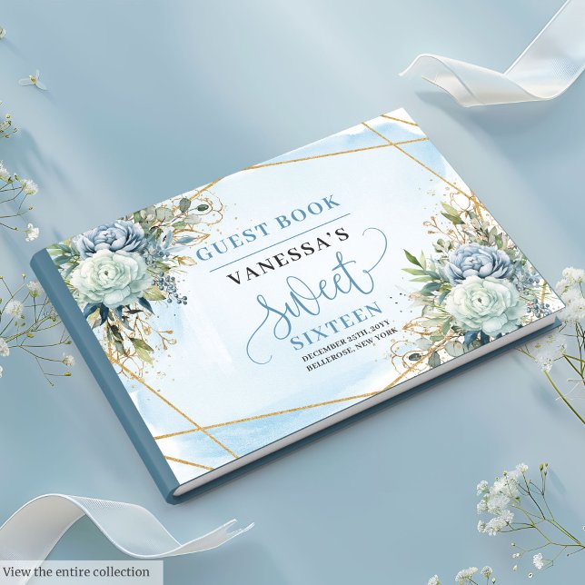 Libro De Visitas Glamorosos y turbios tonos blancos dulces dieciséi (Glamorous Dusty Blue White Peonies Sweet 16 Guest Book)