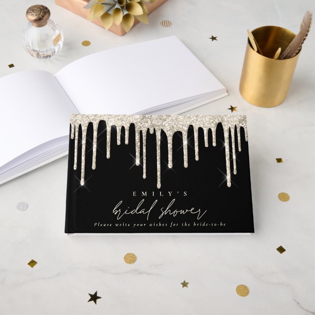 Libro De Visitas Glitter Drip Cream Script Bridal Shower Negro (Anverso Abierto)
