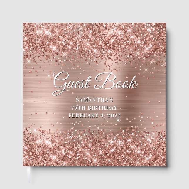 Libro De Visitas Glittery Rose Gold and White 75th Birthday (Anverso)