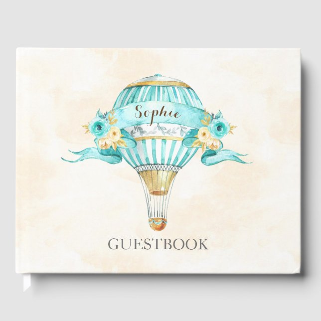 Libro De Visitas Globo aerostático turquesa oro amarillo rosas (Anverso)