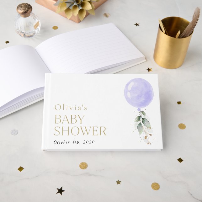 Libro De Visitas Globo morado, eucalipto, vegetación, Baby Shower (Anverso Abierto)