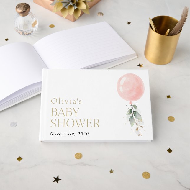 Libro De Visitas Globo rosa, eucalipto, vegetación, Baby Shower (Anverso Abierto)