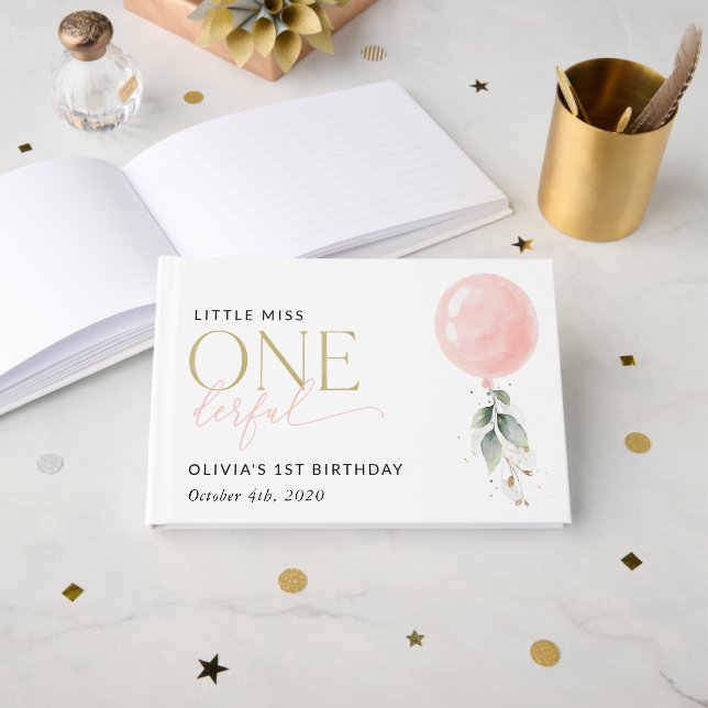 Libro De Visitas Globo Rosa, Eucalipto, Verdor, Primer Cumpleaños (Anverso Abierto)