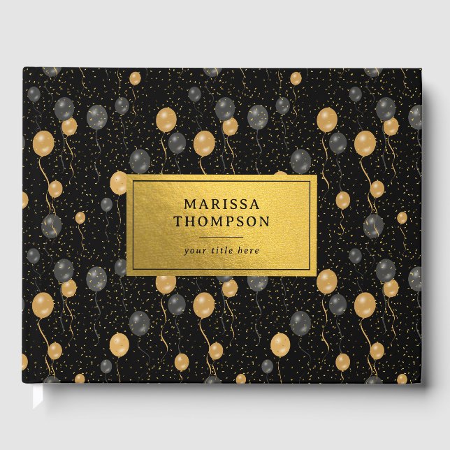 Libro De Visitas Globos Negros y Dorados Elegantes Recuerdo (Anverso)