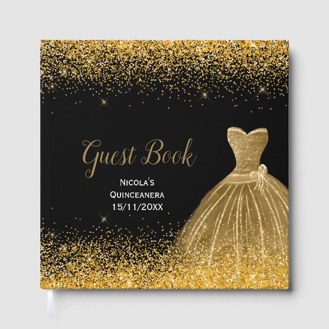 Libro De Visitas Gold Dress Faux Glitter Quinceanera (Anverso)