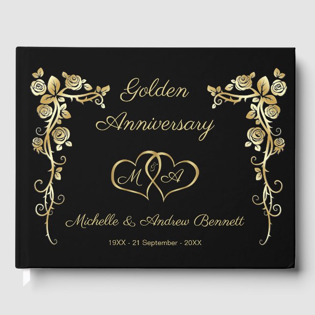 Libro De Visitas Gold Floral Swirls Corazones 50 aniversario Boda (Anverso)