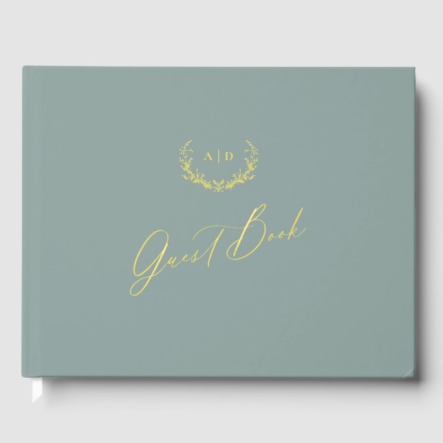 Libro De Visitas Gold Foil Guest Book Dusty Sage Monogram Wedding (Anverso)