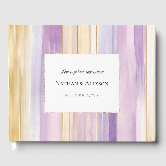 Libro De Visitas Gold Lavender Purple Stripes Wedding (Anverso)