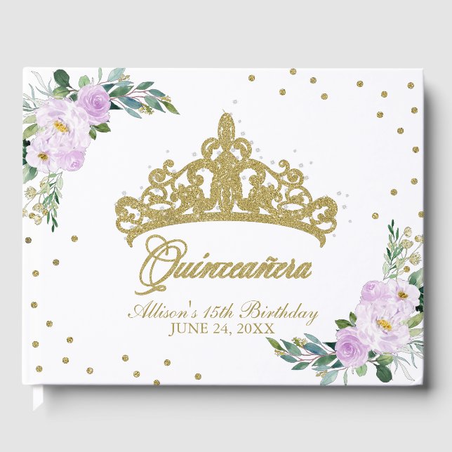 Libro De Visitas Gold Tiara Rubor Purple Lilac Floral Quinceanera (Anverso)