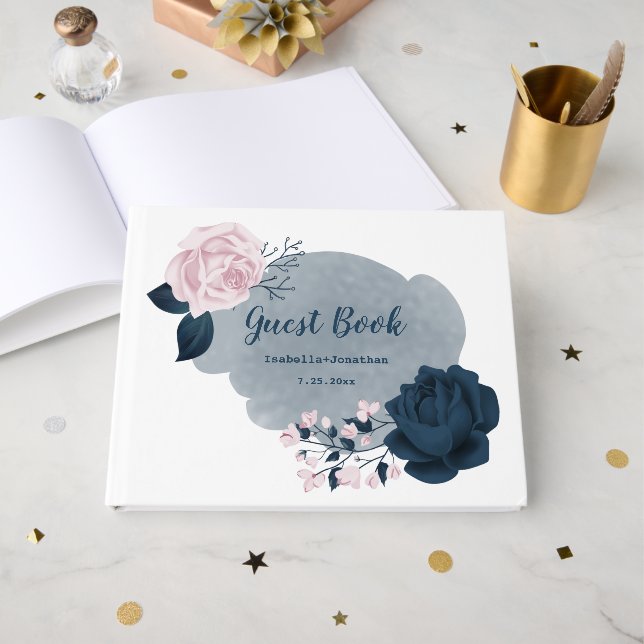 Libro De Visitas gorgeous navy blue & pink flowers botanical (Anverso Abierto)