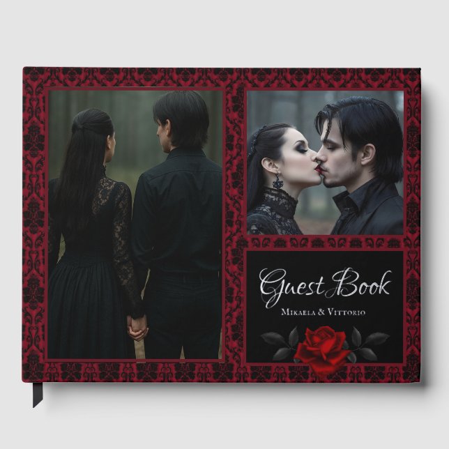 Libro De Visitas Gothic Red Damask Rose Wedding (Anverso)