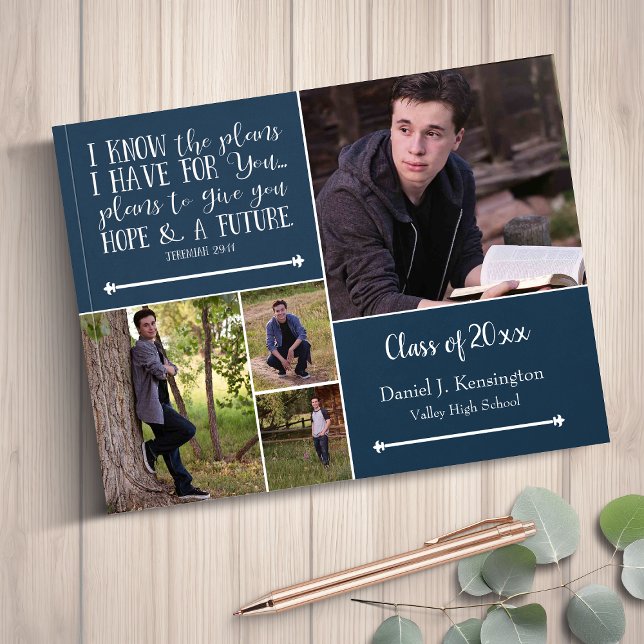 Libro De Visitas Graduación de la Biblia Azul frente al Collage de  (Blue Bible Verse Photo Collage Graduation Guest Book)