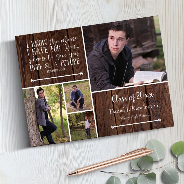 Libro De Visitas Graduación de la Biblia de Madera Verse Collage de (Wood Bible Verse Photo Collage Graduation Guest Book)