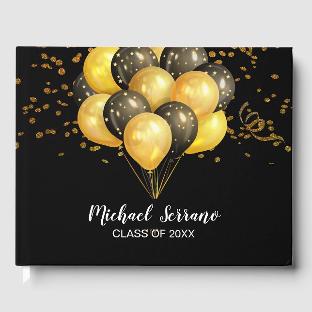 Libro De Visitas Graduación De Oro Y Globos Negros Y Confetti (Anverso)