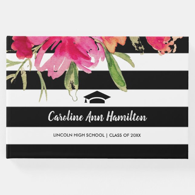 Libro De Visitas Graduación Floral de franjas blancas y negras (Anverso)