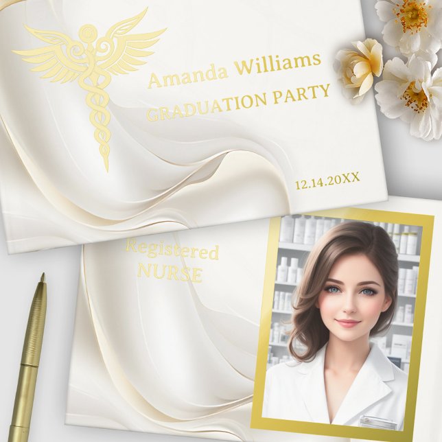 Libro De Visitas Graduación Profesional de Salud Foto Real Foil (Graduation guest book featuring a caduceus in real foil on an elegant ivory design with your photo)