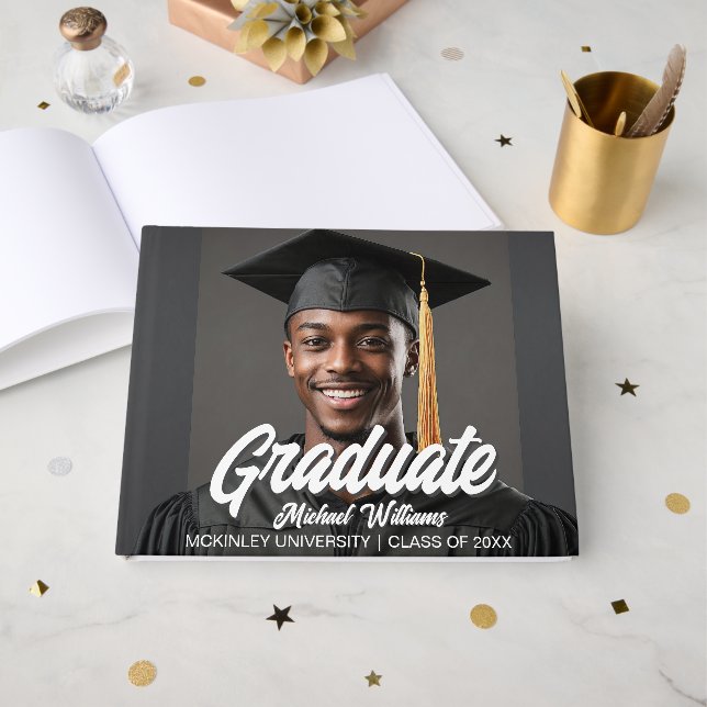 Libro De Visitas Graduate Photo with Bold Script Graduation Party (Anverso Abierto)