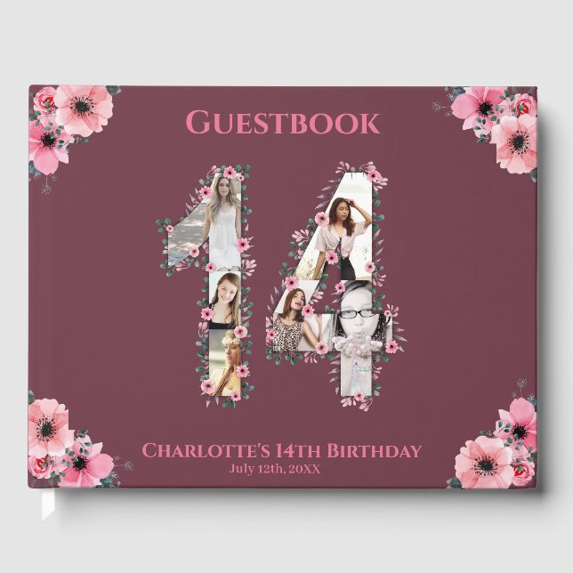Libro De Visitas Gran Collage de fotos de cumpleaños 14ª chica rosa (Anverso)