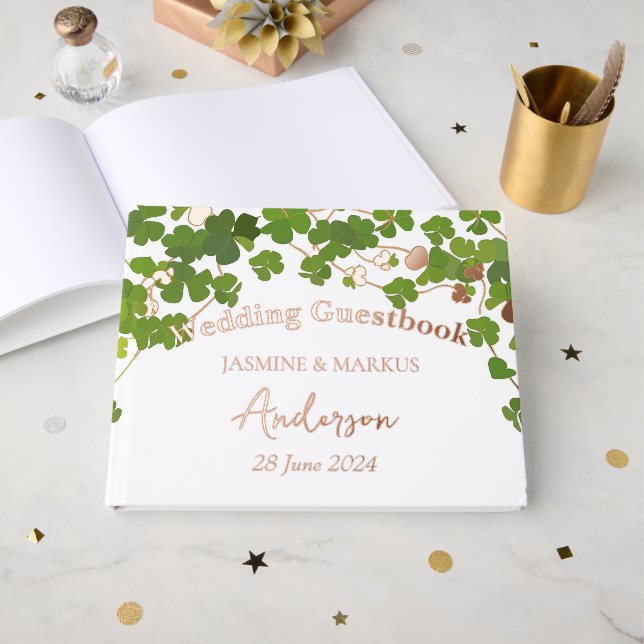 Libro De Visitas Green Clover Leaves Bouquet Boda (Anverso Abierto)
