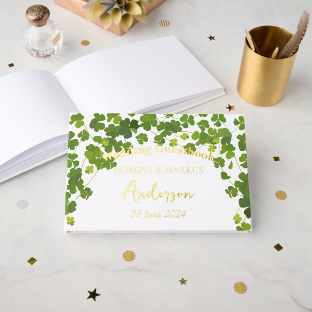 Libro De Visitas Green Clover Leaves Bouquet Boda (Anverso Abierto)