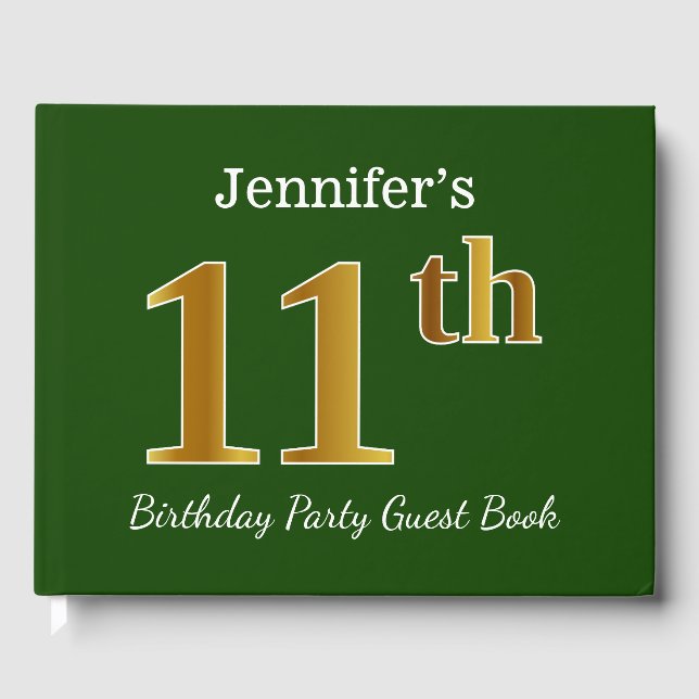 Libro De Visitas Green, Faux Gold 11th Birthday Party + Custom Name (Anverso)
