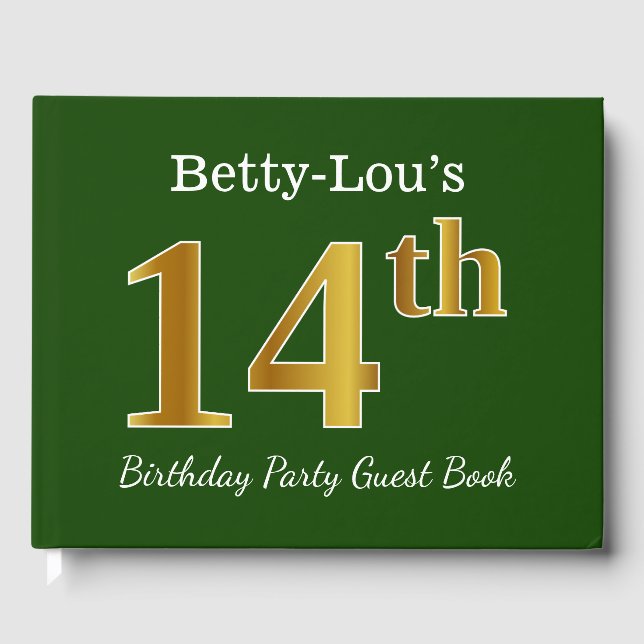Libro De Visitas Green, Faux Gold 14th Birthday Party + Custom Name (Anverso)