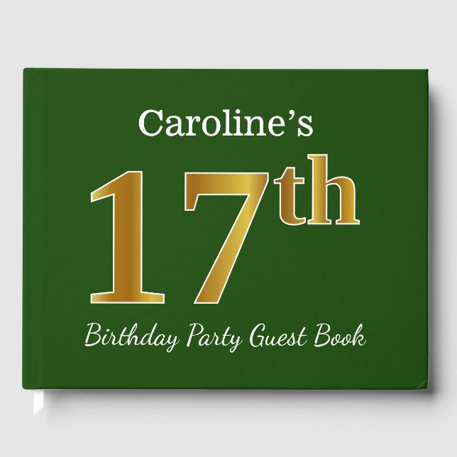 Libro De Visitas Green, Faux Gold 17th Birthday Party + Custom Name (Anverso)