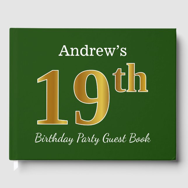 Libro De Visitas Green, Faux Gold 19th Birthday Party + Custom Name (Anverso)
