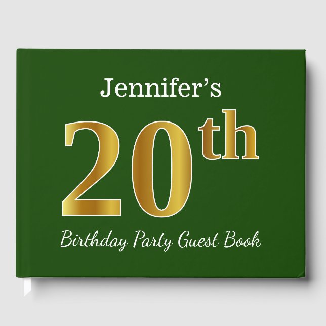 Libro De Visitas Green, Faux Gold 20th Birthday Party + Custom Name (Anverso)