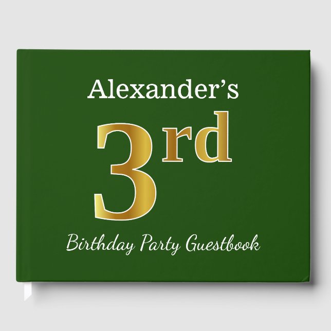 Libro De Visitas Green, Faux Gold 3Birthday Fiesta + Custom Name (Anverso)