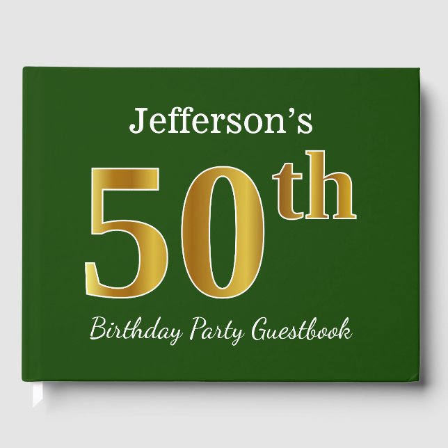 Libro De Visitas Green, Faux Gold 50th Birthday Party + Custom Name (Anverso)