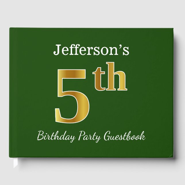 Libro De Visitas Green, Faux Gold 5 Birday Party + Custom Name (Anverso)