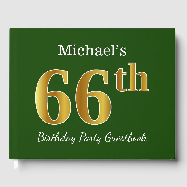 Libro De Visitas Green, Faux Gold 66th Birthday Party + Custom Name (Anverso)