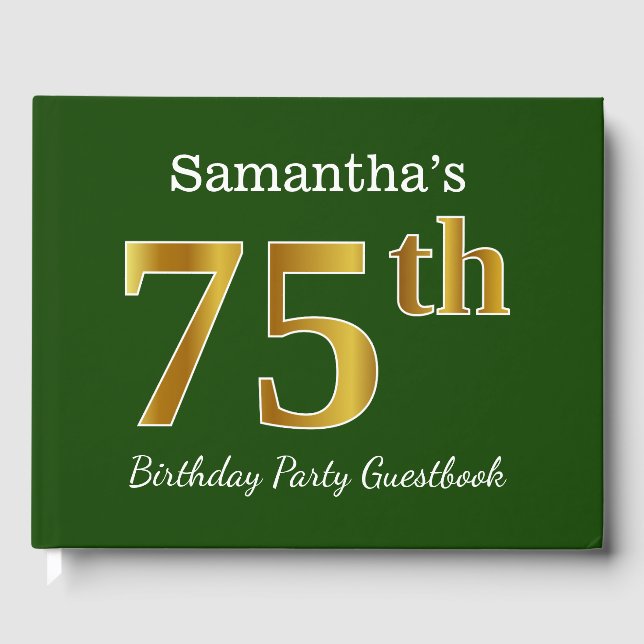 Libro De Visitas Green, Faux Gold 75th Birthday Party + Custom Name (Anverso)