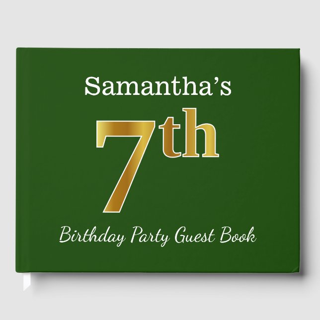 Libro De Visitas Green, Faux Gold 7Cumpleaños Party + Custom Name (Anverso)
