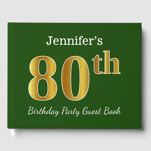 Libro De Visitas Green, Faux Gold 80th Birthday Party + Custom Name (Anverso)