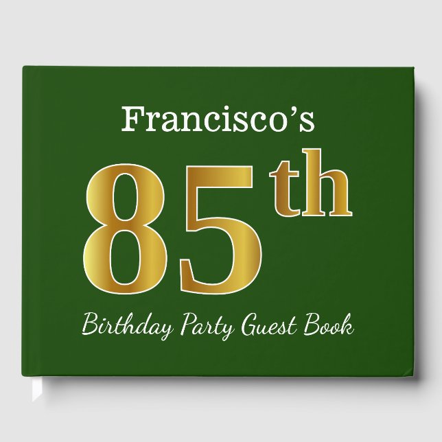Libro De Visitas Green, Faux Gold 85th Birthday Party + Custom Name (Anverso)