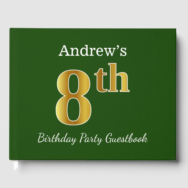 Libro De Visitas Green, Faux Gold 8Cumpleaños Party + Custom Name (Anverso)