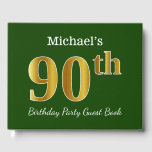 Libro De Visitas Green, Faux Gold 90th Birthday Party   Custom Name<br><div class="desc">El diseño de este libro de huéspedes incluye el número ordinal "90" con un aspecto de oro falso. También tiene un nombre personalizado y un fondo de color verde. Se podría usar en un fiesta para alguien que celebre su cumpleaños número noventa. [~Z0000056]</div>
