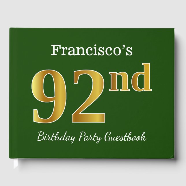 Libro De Visitas Green, Faux Gold 92nd Birthday Party + Custom Name (Anverso)