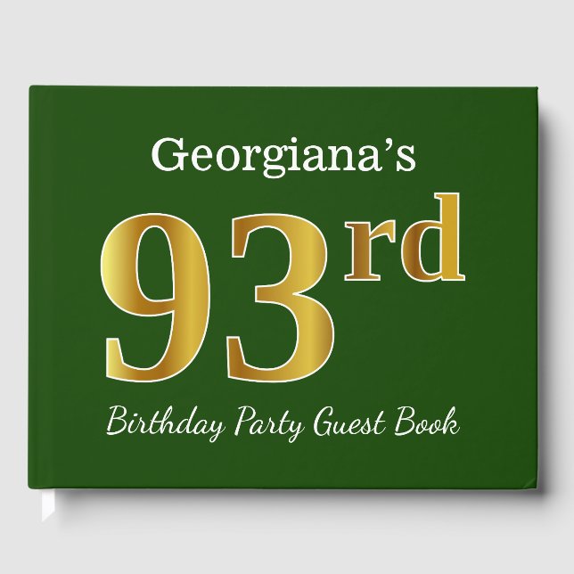 Libro De Visitas Green, Faux Gold 93rd Birthday Party + Custom Name (Anverso)