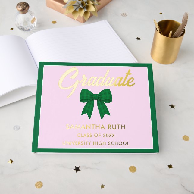 Libro De Visitas Green Gingham Bow Graduation Party (Anverso Abierto)