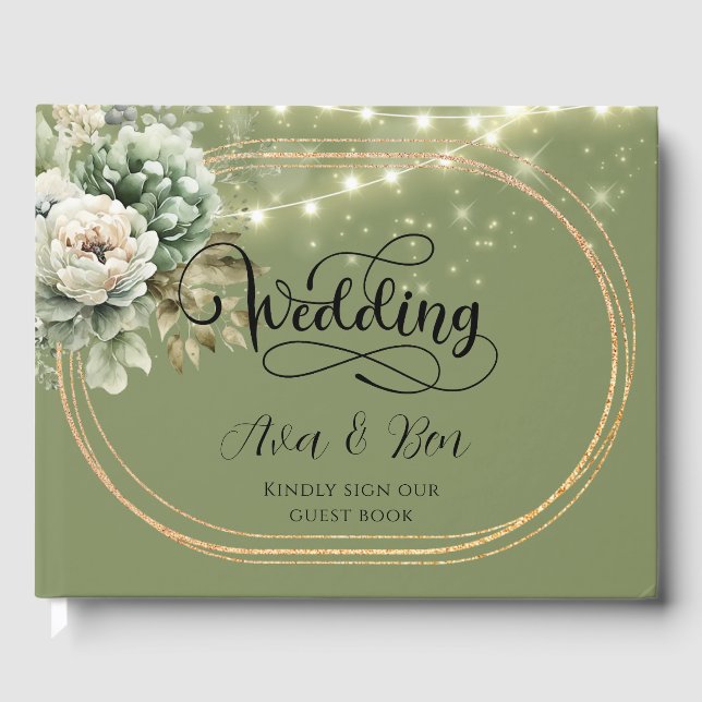 Libro De Visitas Green White Peony Lights Boda (Anverso)