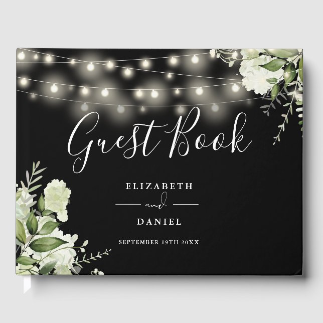 Libro De Visitas Greenery Floral String Lights Photo Wedding (Anverso)